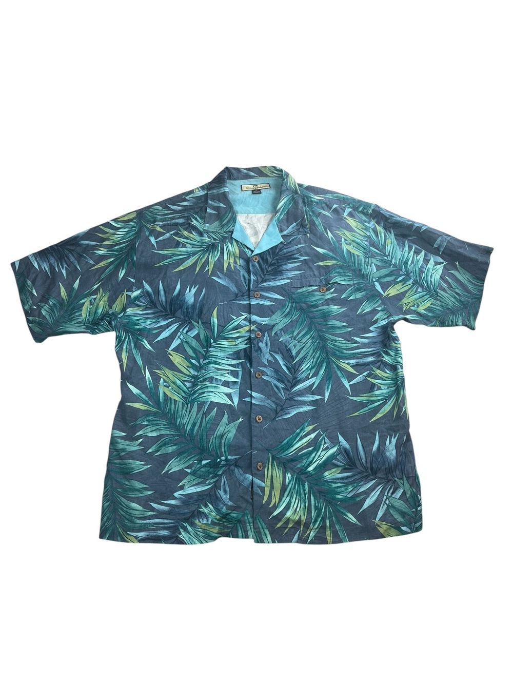 Tommy Bahama Mens XL 100% Silk Blue Palm Leaf Hawaiian Shirt Tropical Summer